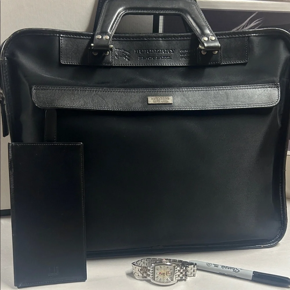 Burberry Black Leather Briefcase with Top Handles Dunhill Wallet set Rare